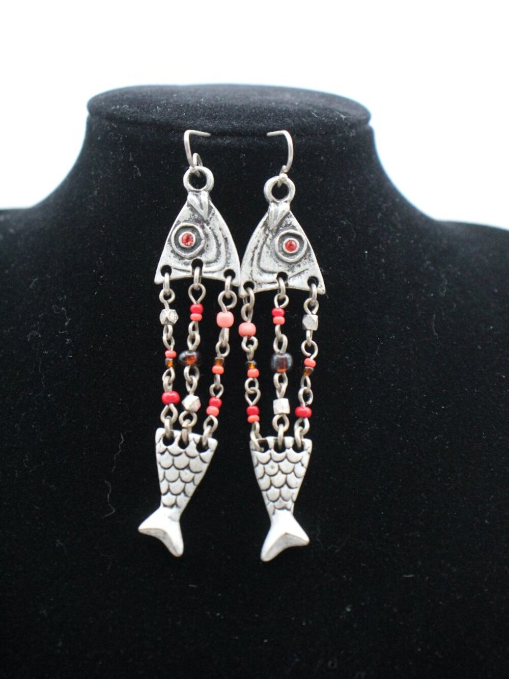 Silver Tone Beaded Fish Bone Earrings